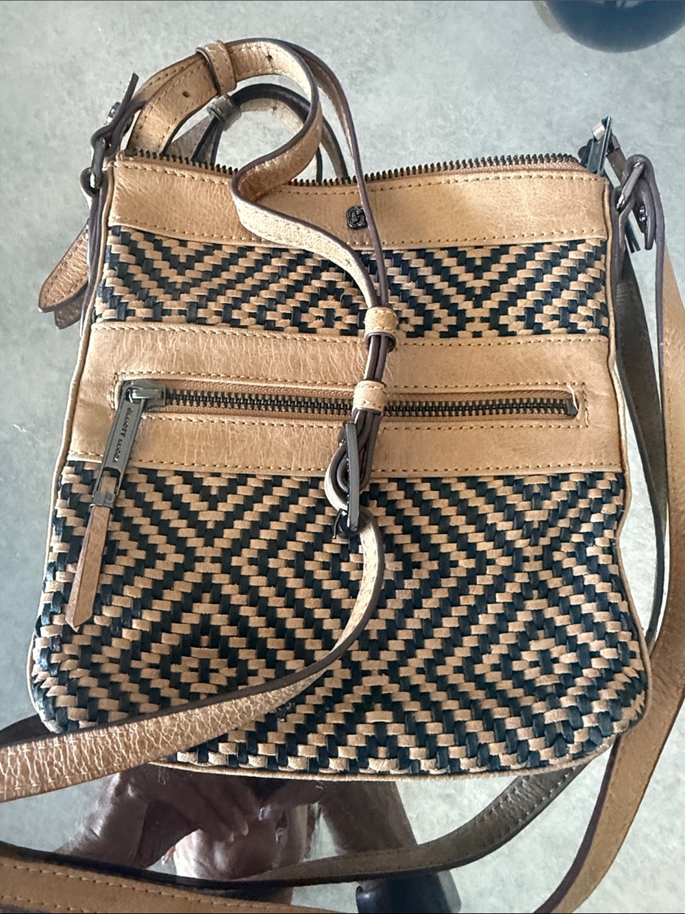 Elliott Lucca Tan and Black Woven Crossbody Bag